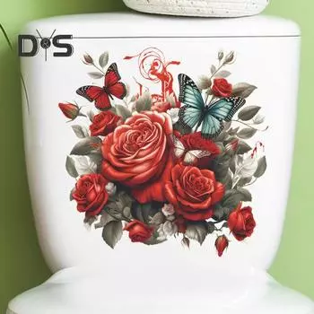 Наклейка на унитаз с бабочками и цветком розы, съемная водонепроницаемая наклейка из ПВХ для гостиной, ванной комнаты, стены искусства, цветочная крышка для унитаза, украшение на день Святого Валентина C