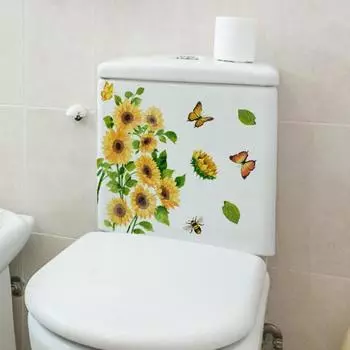 Наклейка на унитаз с бабочками и подсолнухом, съемная самоклеящаяся водостойкая ПВХ гостиная, настенная наклейка для ванной комнаты, украшение для крышки унитаза 25*30cm