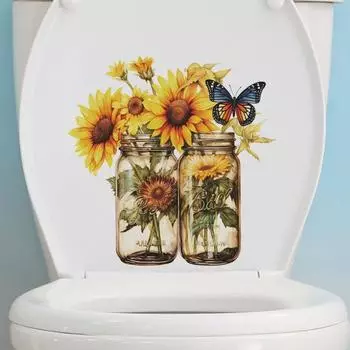 Наклейка на унитаз с бабочками и подсолнухом, съемная самоклеящаяся водостойкая ПВХ гостиная, настенная наклейка для ванной комнаты, украшение для крышки унитаза жёлтый