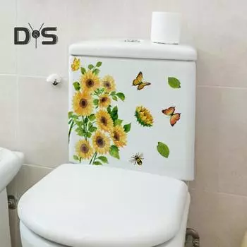 Наклейка на унитаз с бабочками и подсолнухом, съемная самоклеящаяся водостойкая ПВХ гостиная, настенная наклейка для ванной комнаты, украшение для крышки унитаза 25*30cm
