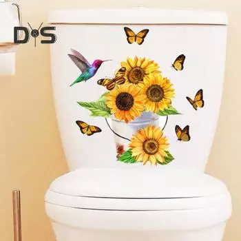 Наклейка на унитаз с бабочкой и подсолнухом, съемная самоклеящаяся водонепроницаемая наклейка из ПВХ для гостиной, ванной комнаты, стены искусства, украшение для крышки унитаза с цветочным принтом Little Flower