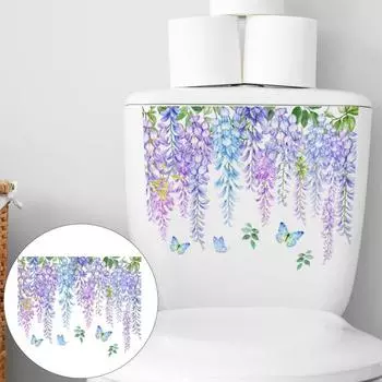 Наклейка на унитаз с цветком глицинии и бабочками, съемная самоклеящаяся водонепроницаемая наклейка из ПВХ для гостиной, настенная художественная наклейка для ванной комнаты