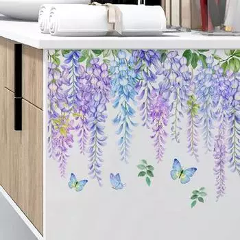 Наклейка на унитаз с цветком глицинии и бабочками, съемная самоклеящаяся водонепроницаемая наклейка из ПВХ для гостиной, настенная художественная наклейка для ванной комнаты Stickers