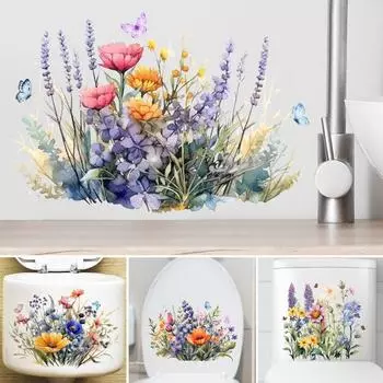 Наклейка на унитаз с цветком лаванды и бабочками, съемная самоклеящаяся водостойкая ПВХ настенная наклейка для гостиной, ванной комнаты, украшение для крышки унитаза B