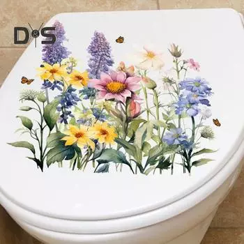 Наклейка на унитаз с цветком лаванды и бабочками, съемная самоклеящаяся водостойкая ПВХ настенная наклейка для гостиной, ванной комнаты, украшение для крышки унитаза A
