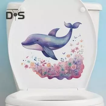 Наклейка на унитаз с мультяшным китом и цветком, съемная самоклеящаяся водостойкая ПВХ гостиная, настенная наклейка для ванной комнаты, украшение для крышки унитаза фиолетовый