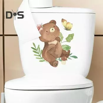 Наклейка на унитаз с мультяшным медведем и бабочками, съемная самоклеящаяся водостойкая ПВХ гостиная, ванная комната, настенное искусство, украшение для крышки унитаза с животным Bear