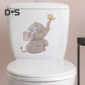 Наклейка на унитаз с мультяшными слонами и бабочками, съемная самоклеящаяся водонепроницаемая ПВХ для гостиной, ванной комнаты, настенное искусство, украшение для крышки унитаза с животными, наклейка Elephant