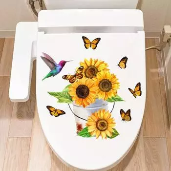 Наклейка на унитаз с подсолнухом и бабочкой, съемная самоклеящаяся водостойкая ПВХ гостиная, ванная комната, настенная художественная крышка для унитаза с цветочным принтом