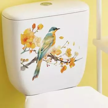 Наклейка на унитаз с птицей и цветком, съемная самоклеящаяся водостойкая ПВХ гостиная, настенная наклейка для ванной комнаты, украшение для крышки унитаза жёлтый