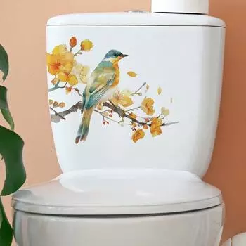 Наклейка на унитаз с птицей и цветком, самоклеящаяся комната, водонепроницаемая, из ПВХ, для гостиной, съемная, настенная, художественная, для ванной комнаты