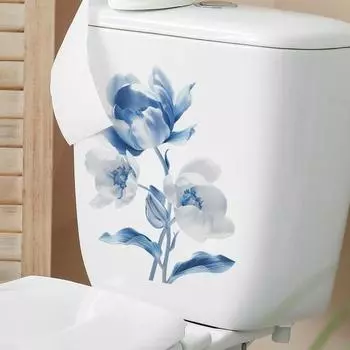Наклейка на унитаз с синим цветком, съемная самоклеящаяся водонепроницаемая наклейка из ПВХ для гостиной, ванной комнаты, стены искусства, украшение для крышки унитаза с цветочным принтом синий