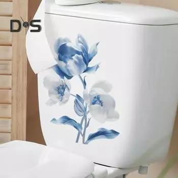 Наклейка на унитаз с синим цветком, съемная самоклеящаяся водонепроницаемая наклейка из ПВХ для гостиной, ванной комнаты, стены искусства, украшение для крышки унитаза с цветочным принтом синий