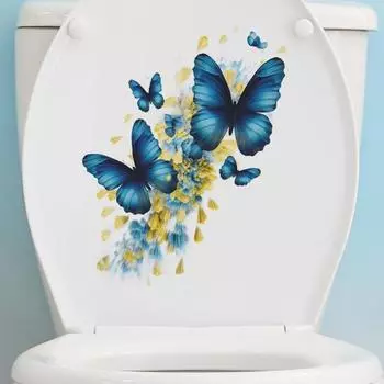 Наклейка на унитаз с синими бабочками, съемная самоклеящаяся водостойкая ПВХ гостиная, настенная наклейка для ванной комнаты, украшение для крышки унитаза синий