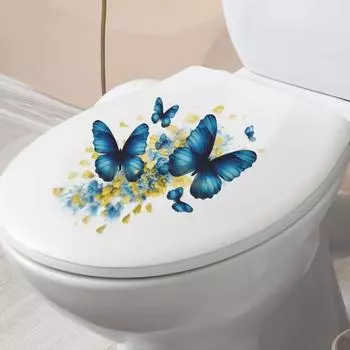 Наклейка на унитаз с синими бабочками, съемная самоклеящаяся водостойкая ПВХ гостиная, настенная наклейка для ванной комнаты, украшение для крышки унитаза синий