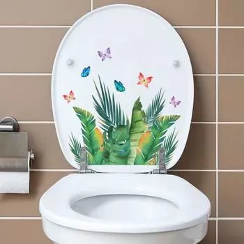 Наклейка на унитаз с зелеными растениями и бабочками, съемная самоклеящаяся водостойкая ПВХ гостиная, настенная наклейка для ванной комнаты, украшение для крышки унитаза