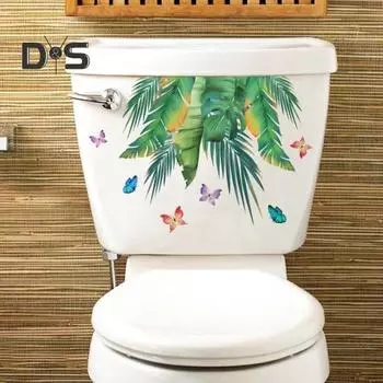 Наклейка на унитаз с зелеными растениями и бабочками, съемная самоклеящаяся водостойкая ПВХ гостиная, настенная наклейка для ванной комнаты, украшение для крышки унитаза 25*30cm