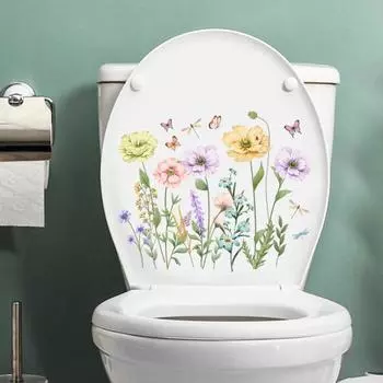Наклейка на унитаз Яркий цветок Бабочка Легко наносится Долговечная клейкая Не выцветает Туалет