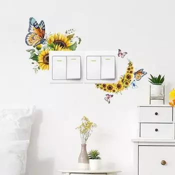 Наклейка на выключатель-бабочка с подсолнухом, съемная самоклеящаяся водонепроницаемая ПВХ для гостиной, ванной комнаты, выключатель света, настенная розетка, украшение