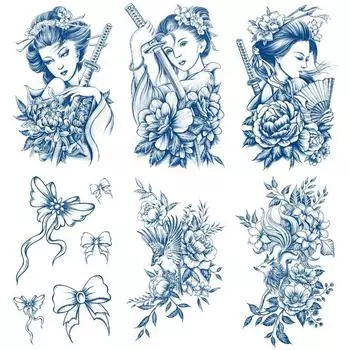 Наклейка с травяной татуировкой, стойкая, неотражающая, в виде банта гейши, переносимая водой, держится 15 дней 11*18CM