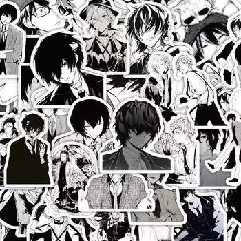 Наклейки Bungo Stray Dogs черно-белые, 60 шт. (не повторяется), водостойкий и солнцезащитный крем.