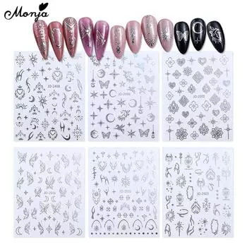 Наклейки для дизайна ногтей Monja, тысячелетняя тема, серебряное блестящее сердце, луна, звезда, бабочка, цветы, самоклеющиеся наклейки в форме сердца, маникюрные украшения, аксессуары