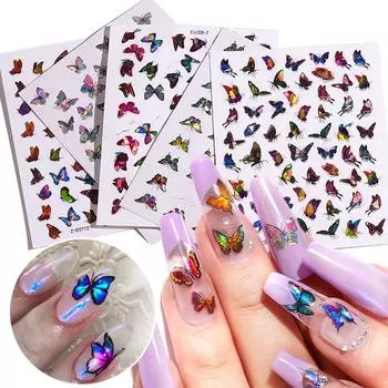 Наклейки для дизайна ногтей с бабочками, самоклеящиеся 3D красочные наклейки для ногтей