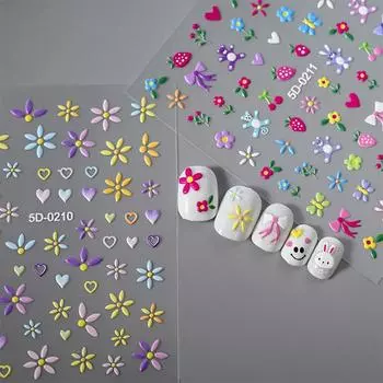 Наклейки для дизайна ногтей с цветочным рисунком, самоклеящиеся милые рельефы 5D с бантом и кроликом, наклейки для маникюра, слайдеры, декоративные наклейки 5