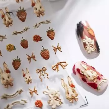 Наклейки для дизайна ногтей, винтажный мультяшный бантик с бантиком и клубничным узором, 5D с тиснением, самоклеящиеся, противоскользящие, отличная липкость, маникюр, украшение для дизайна ногтей B