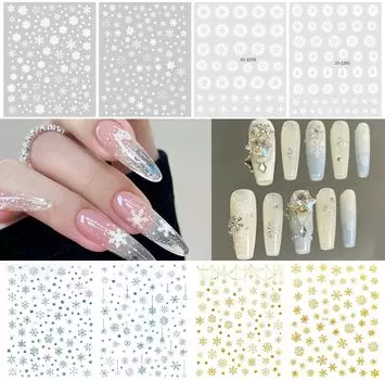 Наклейки для ногтей Chisafly Snowflake Silver Nail Stickers Winter Snow Snowflake White Gold Set of 8