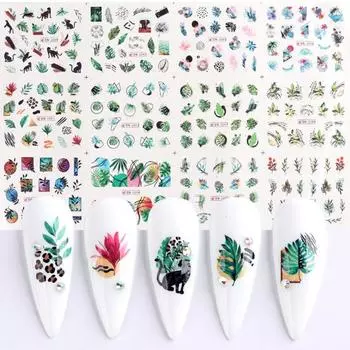 Наклейки для ногтей, глянцевая цветочная печать, ультратонкие водные цветы, наклейки с листьями для D