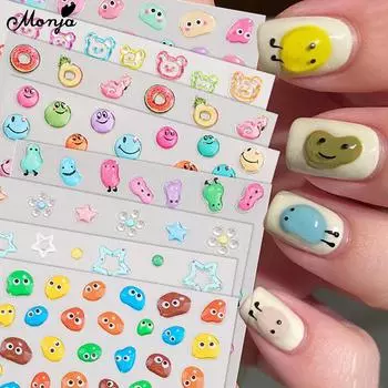 Наклейки для ногтей Monja 5D с тиснением Monster Emote, самоклеящиеся наклейки, рельефные ползунки, желейный гель, дизайн для маникюра, украшения, аксессуары для самостоятельного изготовления