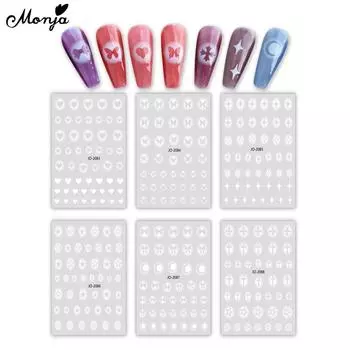 Наклейки для ногтей Monja, голографические самоклеящиеся художественные трафареты, звезды, бабочки, любовь, луна, крест, бант, маникюрные украшения, аксессуары