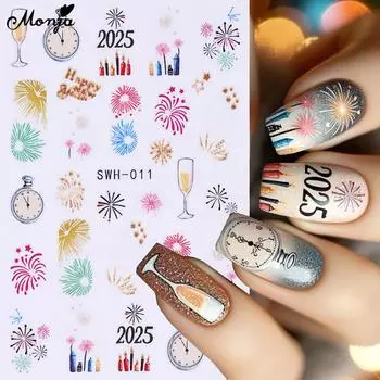 Наклейки для ногтей Monja, новогодние рождественские фейерверки, подвески, часы, наклейки, самоклеящиеся слайдеры для ногтей, украшения для дизайна маникюра своими руками