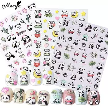 Наклейки для ногтей Monja, рельефные 3D милые мультяшные панды, зеленые бамбуковые наклейки, тисненые самоклеящиеся ползунки, украшения для маникюра «сделай сам», аксессуары