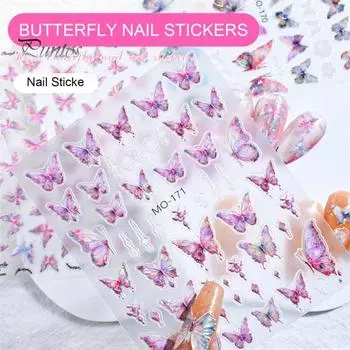 Наклейки для ногтей с бабочками, простые в использовании 5D тисненные наклейки для ногтей «Аврора» для женщин и девочек, розовые клейкие принадлежности для дизайна ногтей, украшения для маникюра своими руками A