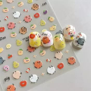 Наклейки для ногтей с кудрявыми животными из мультфильмов, украшения для ногтей в стиле аниме, милые нерегулярные смайлы, наклейки для ногтей с фруктами