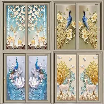 Наклейки на дверь павлина, самоклеящиеся украшения, кухня, спальня, шкаф, стеклянная дверная пленка, обои, водонепроницаемые наклейки, коридор 77cm x 200cm