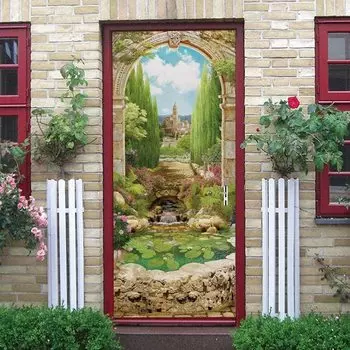 Наклейки на дверь с цветами, самоклеящиеся пейзажные наклейки на дверь, водонепроницаемые обои «сделай сам», зеленое дерево, замок, фреска 77X200cm