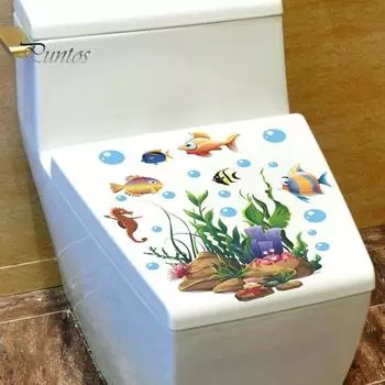 Наклейки на крышку унитаза Самоклеящиеся наклейки из ПВХ Виниловые художественные украшения Креативные подводные животные и растения Наклейки на стену Съемная керамика для ванной комнаты Fish