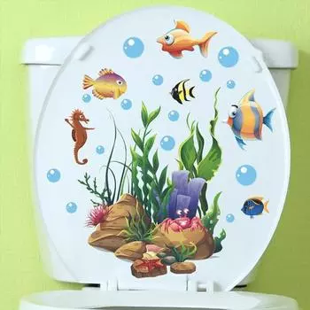 Наклейки на крышку унитаза Самоклеящиеся наклейки из ПВХ Виниловые художественные украшения Креативные подводные животные и растения Наклейки на стену Съемная керамика для ванной комнаты Fish