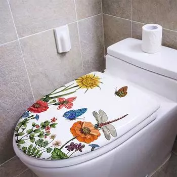 Наклейки на крышку унитаза, самоклеящиеся ПВХ-наклейки, виниловые художественные украшения, креативные цветочные, травяные, бабочки, стрекоза, настенные наклейки, съемные наклейки для ванной комнаты Buttefly