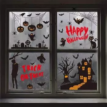 Наклейки на окна с рисунком черной летучей мыши и ведьмы на Хэллоуин, статичные наклейки на окна на Хэллоуин, декор для домашней вечеринки на Хэллоуин 2025 года