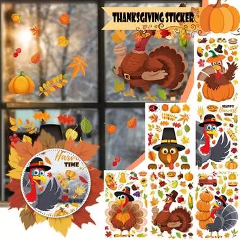 Наклейки на окно на День Благодарения, осенние листья, наклейки на окна, украшения, желуди Турции, сова, белка, клен, осеннее окно, цепляться