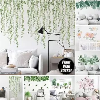 Наклейки на стену акварель розовые цветы зеленые растения в горшках листья спальня гостиная ПВХ украшения фреска домашний декор художественные наклейки обои наклейки 02