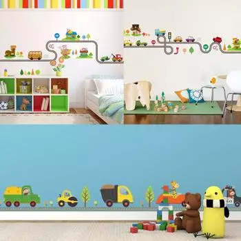 Наклейки на стену автомобиля с героями мультфильмов, дорожный узор, съемные художественные наклейки «сделай сам», декор для детской комнаты