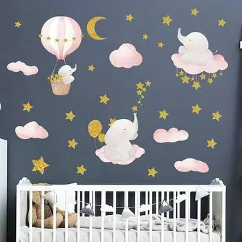 Наклейки на стену Детские наклейки Украшения для детской комнаты Животные Слон Луна Звезды Наклейки на стену Спальня Детская Настенный декор (розовый)