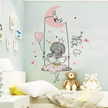 Наклейки на стену «Девушка на качелях», декор «сделай сам», лунный кролик, настенные наклейки для детских комнат, детская спальня, украшение для детской комнаты girl sticker 1