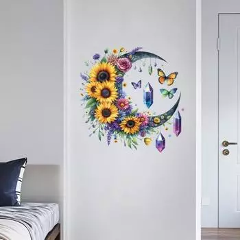 Наклейки на стену «Подсолнух, луна», самоклеящиеся наклейки в виде цветов и бабочек для детской комнаты, двери, холодильника, самоклеящиеся наклейки для домашнего декора 30x30CM разноцветный