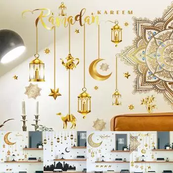 Наклейки на стену Рамадан Луна Звезда Фонарь DIY Наклейка на стену Рамадан Карим Украшение для дома 2023 Исламская мусульманская фреска Ид Мубарак A